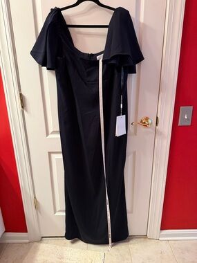 Mac Duggal Navy Crepe Fitted Column Dress With Short Ruffle Sleeves